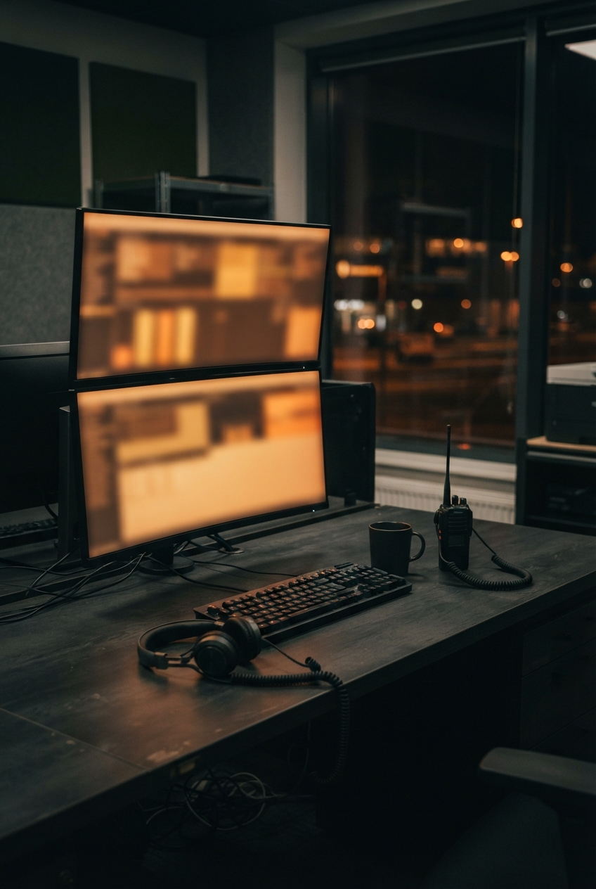 Dim nighttime workstation with two glowing monitors, keyboard, headphones, mug, and walkie-talkie by a city window.