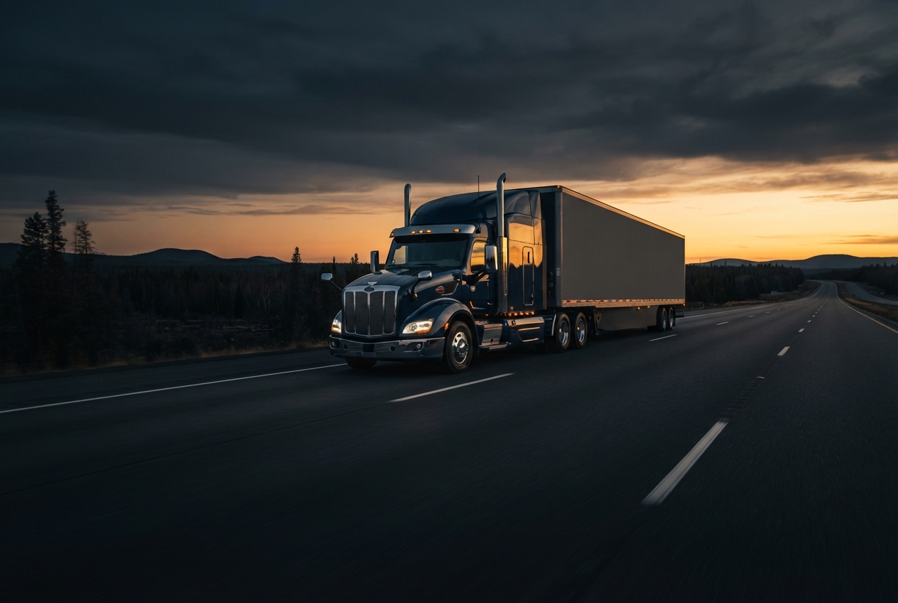 Dark semi-truck with box trailer traveling on a highway beneath storm clouds at sunset.