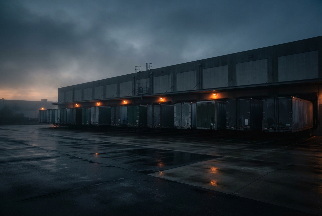 Rainy industrial loading dock with parked trailers, glowing orange bay lights, wet pavement, and storm clouds.