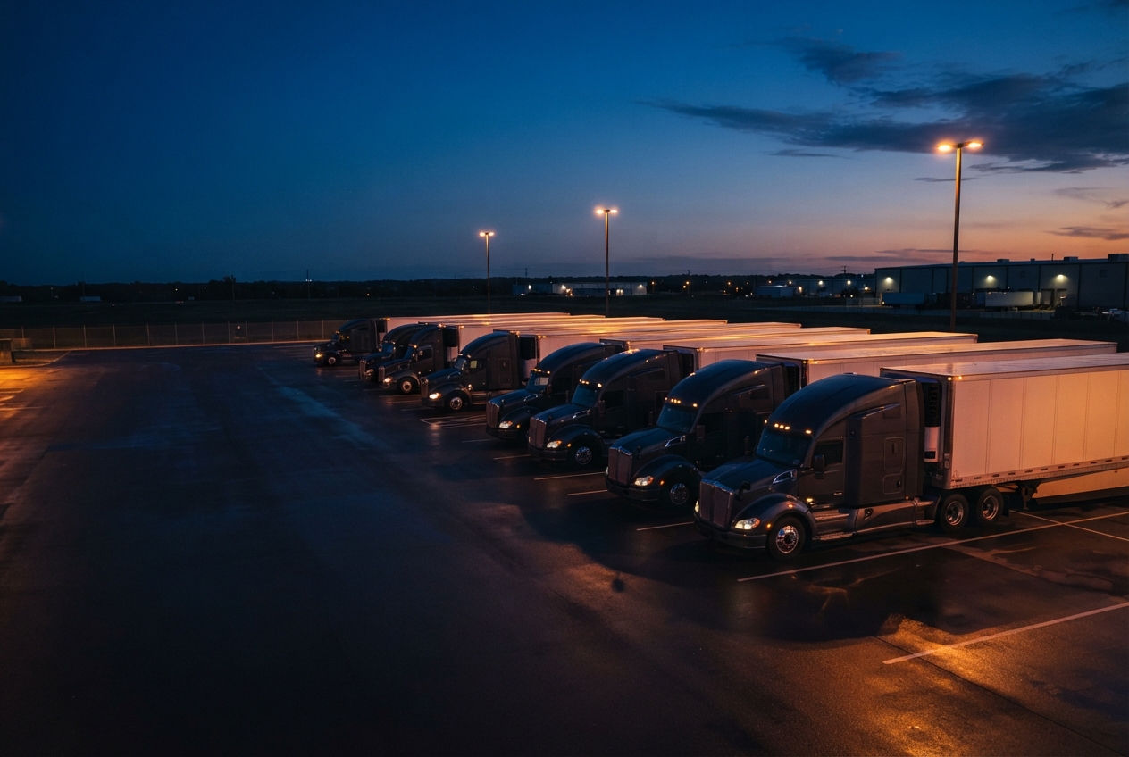 Several semi-trucks with white trailers parked in a wet industrial lot at dusk.